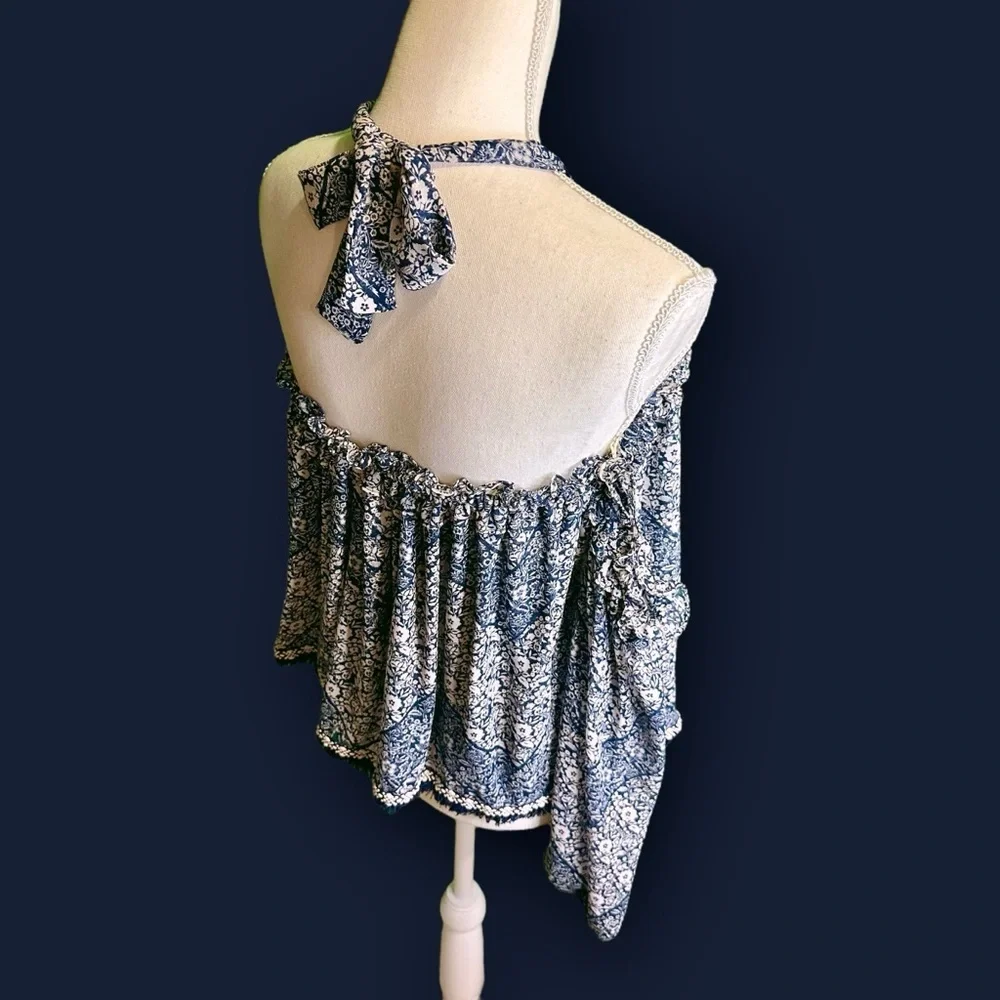 Misa Los Angeles Blue Floral Print ‘Livey’ Off The Shoulder Tie-Neck Top Size XS
